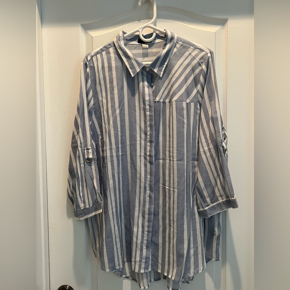 Renuar Blue and White Button Up Blouse - Size XXL